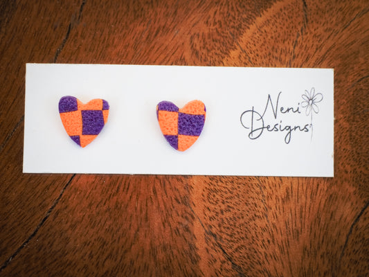 purple and orange checker heart small stud