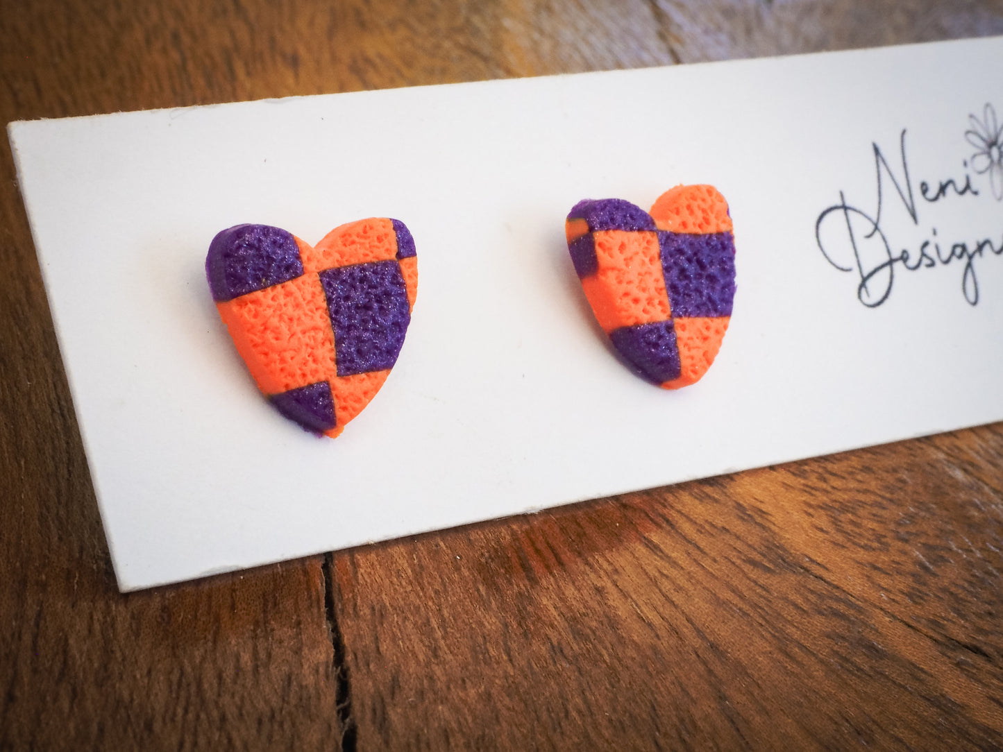 purple and orange checker heart small stud