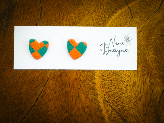 green and orange checker heart small stud