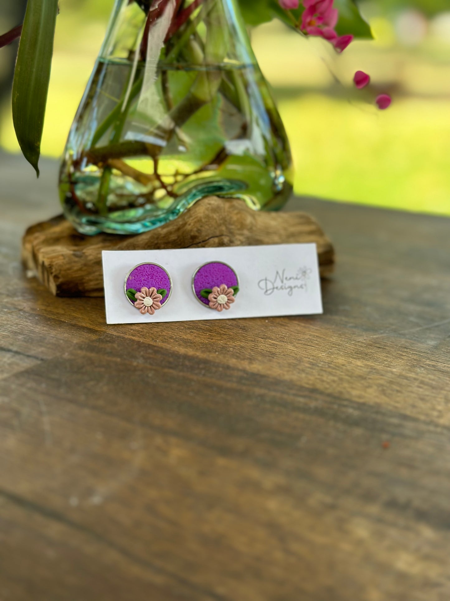 floral studs with silver bezels - purple
