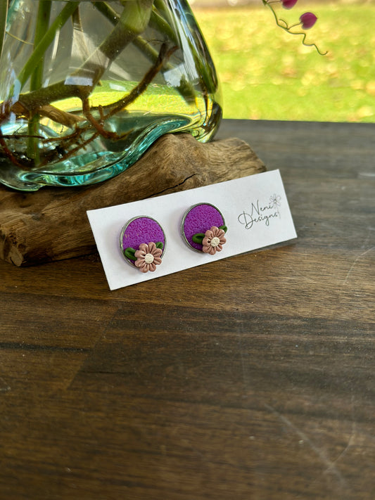 floral studs with silver bezels - purple