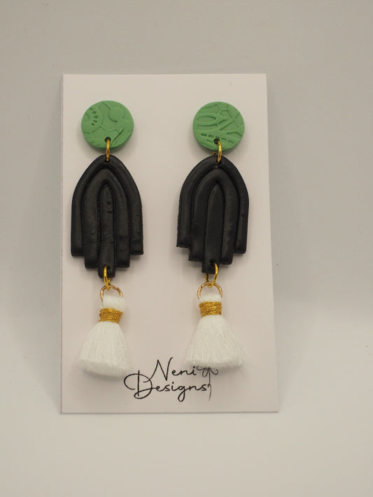 'evelyn' with tassels (green, black and white)
