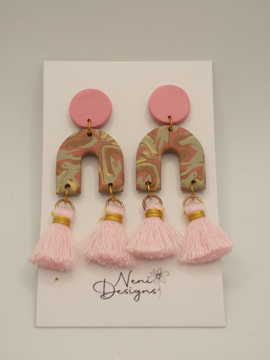 'joan' with tassels (pink, olive and brown'