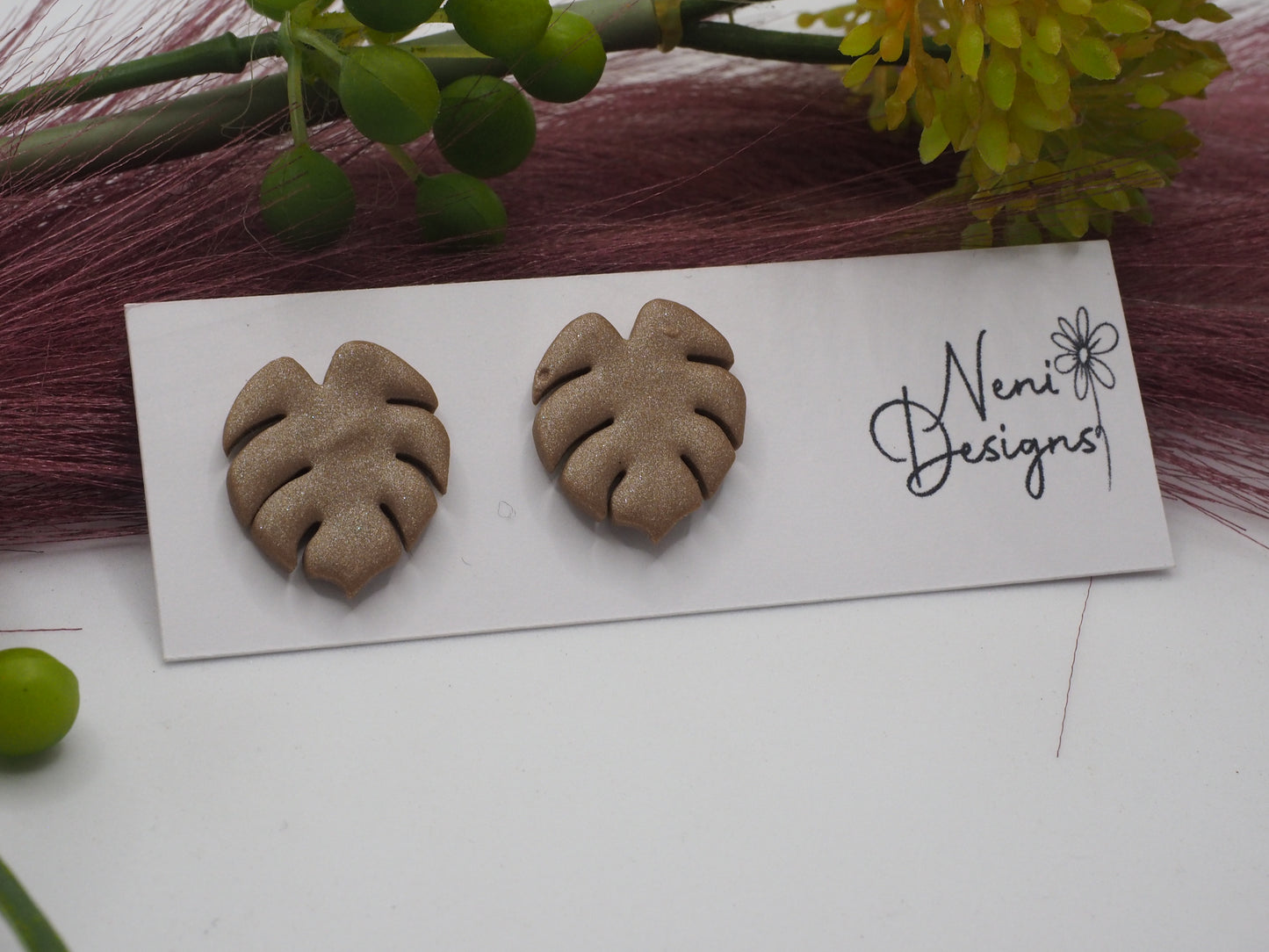 monstera studs (antique gold)