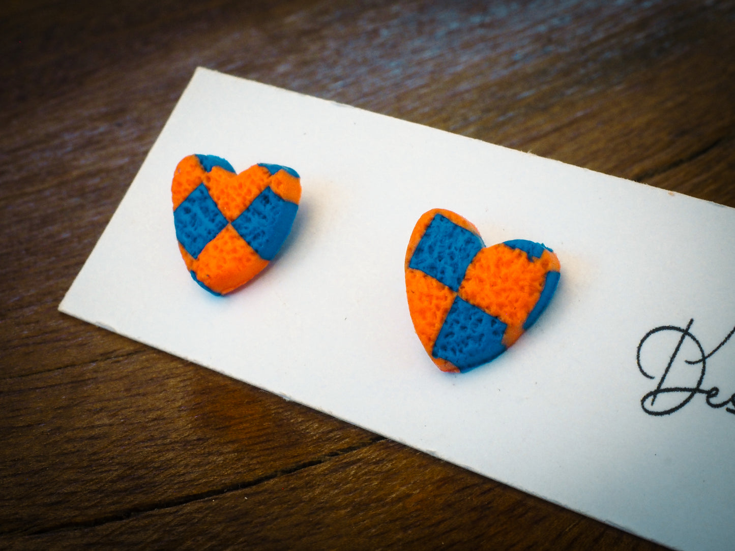 blue and orange checker heart small stud