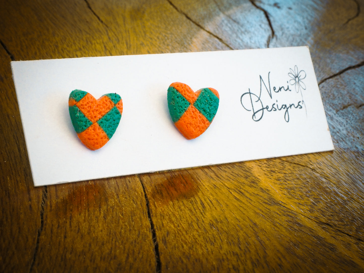 green and orange checker heart small stud