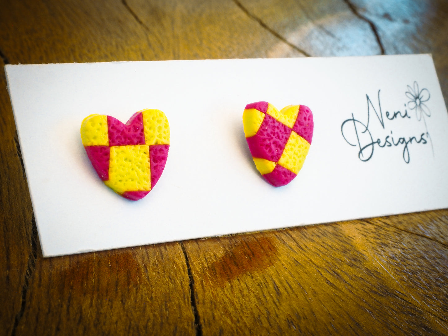 yellow and purple checker heart small stud