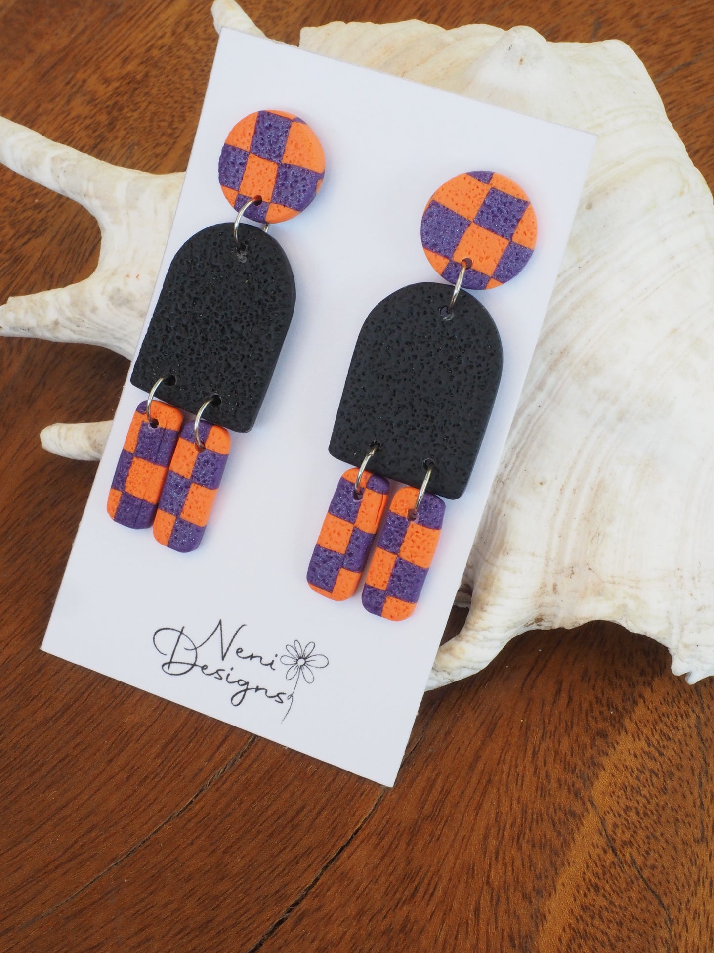 'maya' dangles (orange and purple checker)