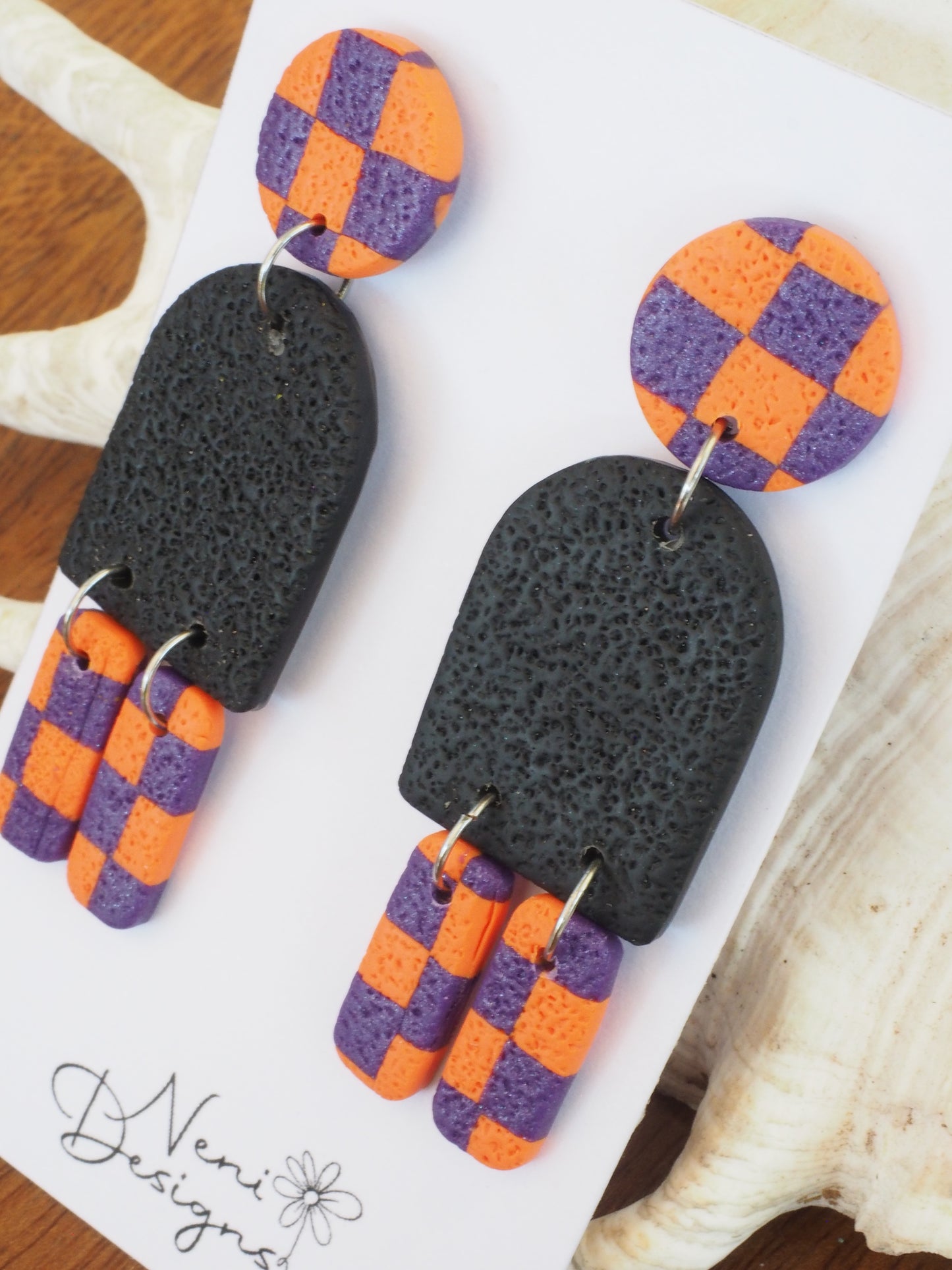'maya' dangles (orange and purple checker)