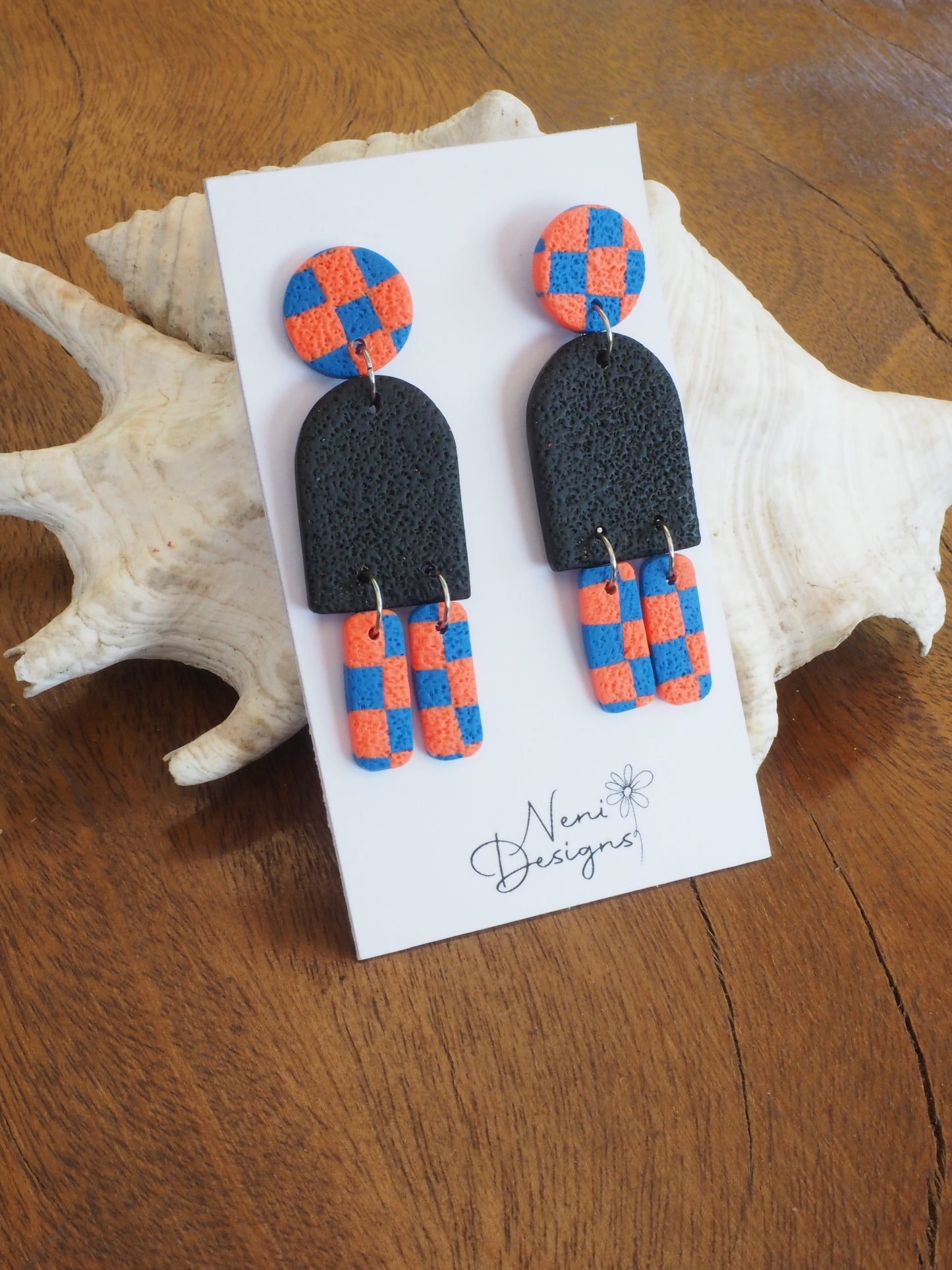 'Maya' dangles (blue and orange checker)