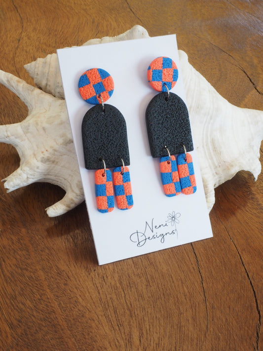'Maya' dangles (blue and orange checker)