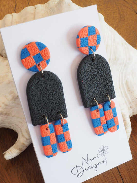 'Maya' dangles (blue and orange checker)