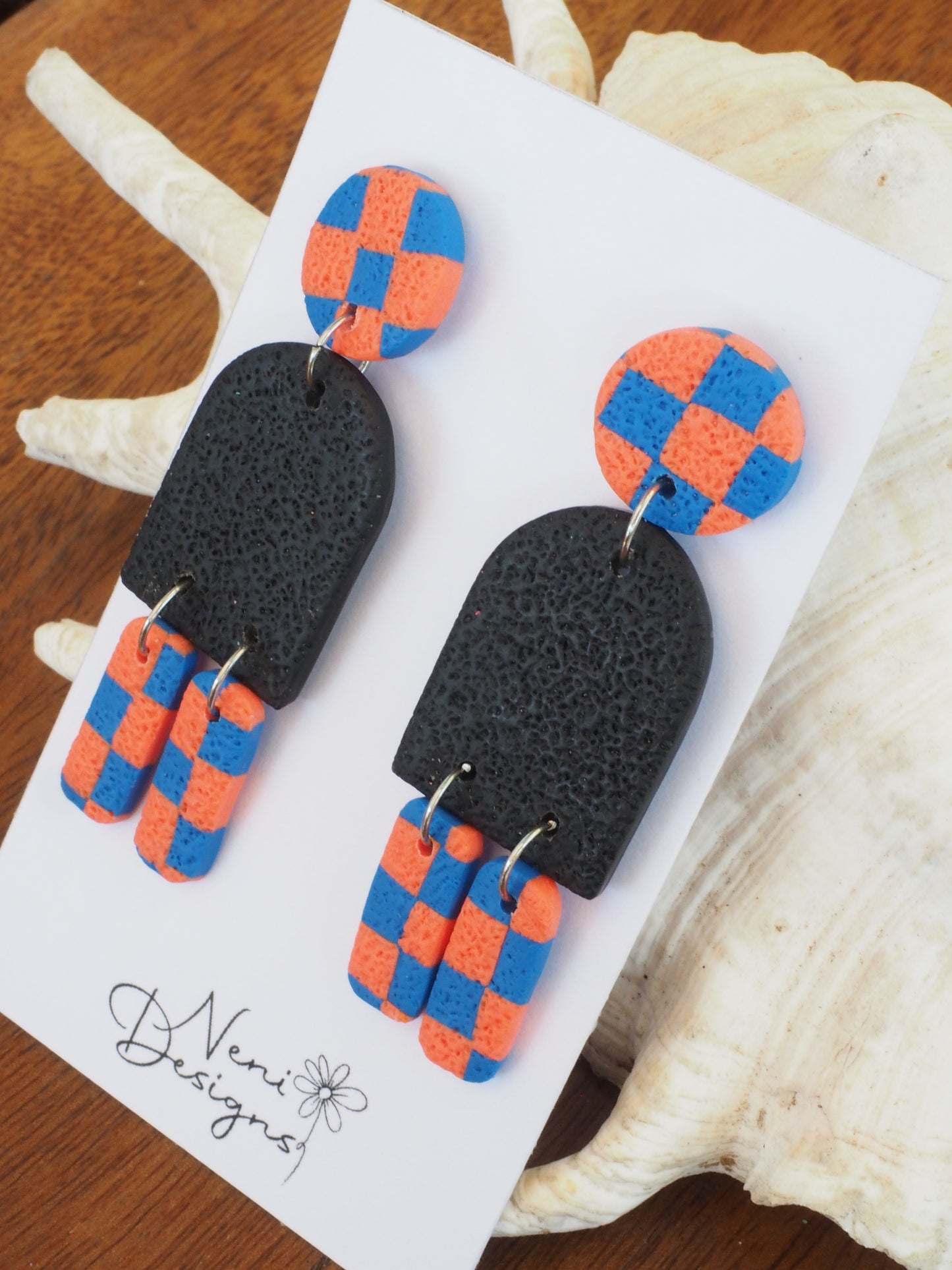 'Maya' dangles (blue and orange checker)