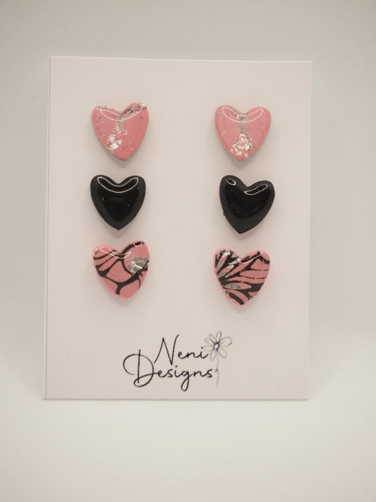 mini heart stud multipack (pink, black and pink/black)