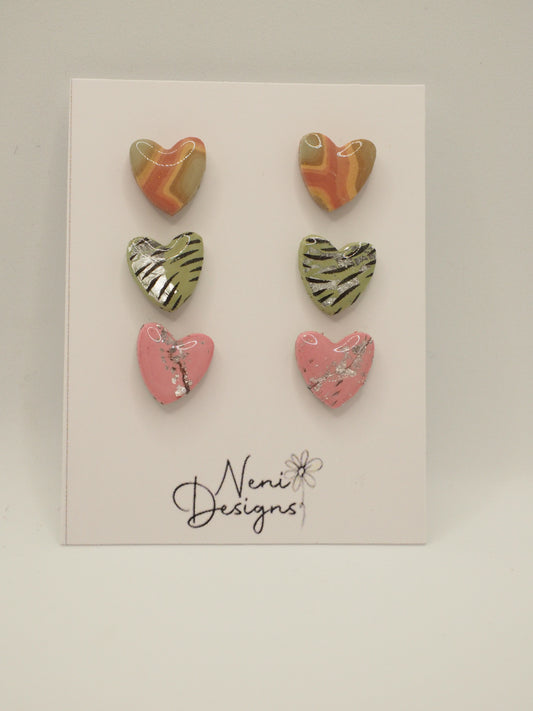 mini heart studs multipack (pink/olive, olive and pink)